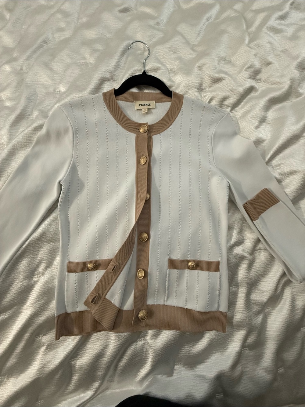 L'AGENCE White Cardigan with Tan Contrast Trim and Gold Buttons